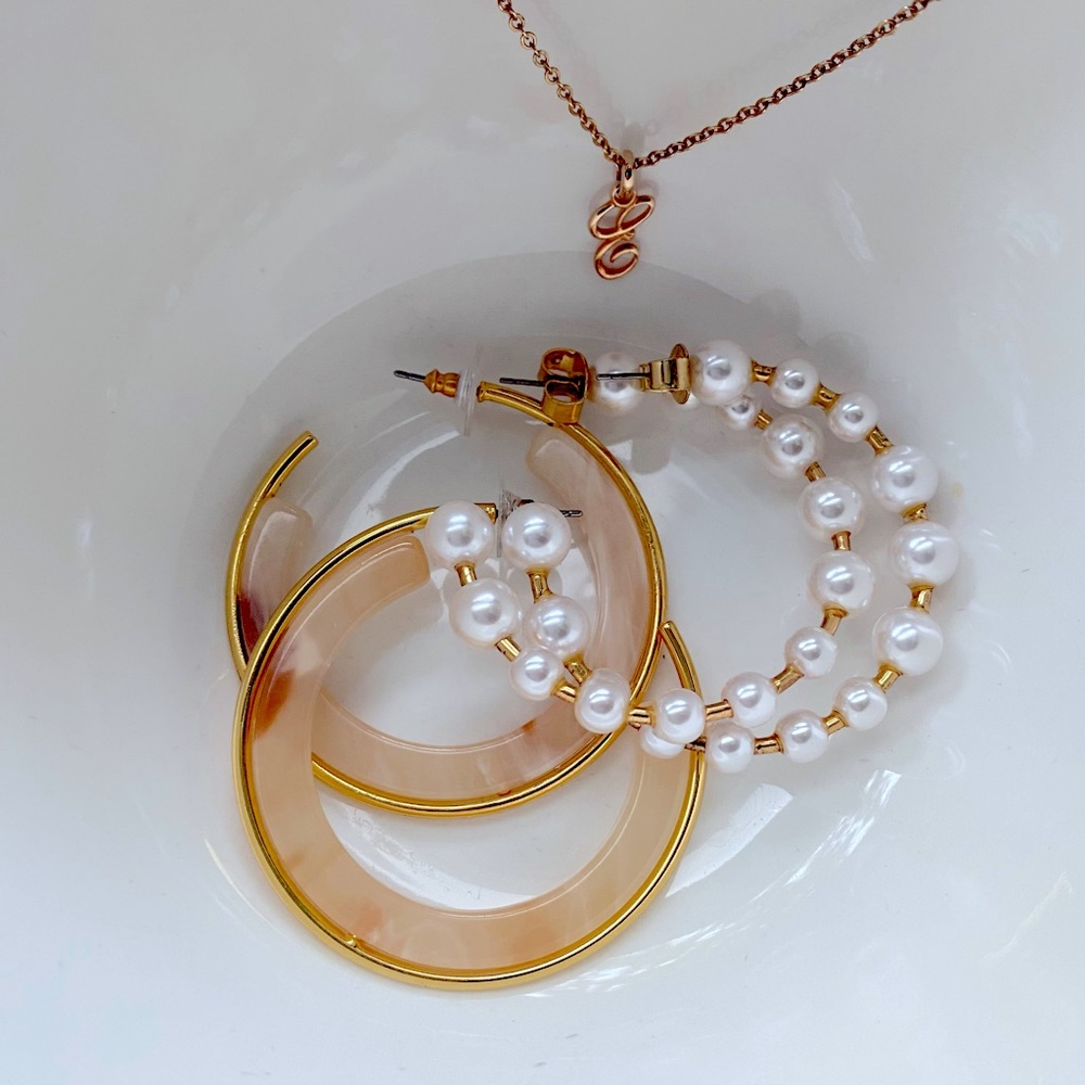 J crew hoop earrings x2 and Rose gold ”E” initial pendant